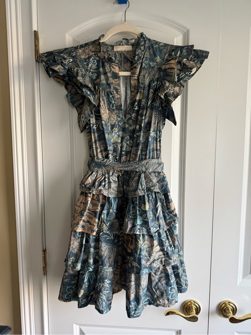 Ulla Johnson Lulua “Waimea” Blue & Tan Floral Ruffle Mini Dress, Cotton, NWOT, 0